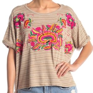 Free People Catalunya Embroidered Striped Top